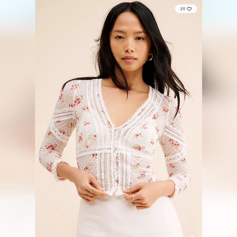 Free People Kika Lace Rose Floral Feminine Top Cardigan